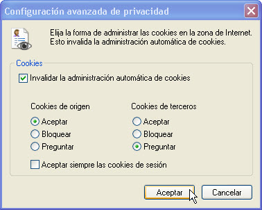 Se abre la ventana Configuración avanzada de privacidad. Establezca la siguiente configuración: La casilla Invalidar la administración automática de cookies tiene una marca de verificación.