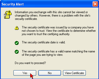 5. Oprima Ok en la ventana de diálogo de Security Alert. 6. Oprima el botón Yes en la siguiente ventanilla de diálogo, Security Alert.
