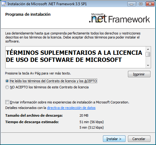 Instalación de Microsoft.NET Framework 3.5 En el caso de no tener ya instalado el Framework 3.5 o alguna versión posterior, proceder a la instalación siguiendo los siguientes pasos: 1.