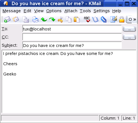 15KMail El programa de correode KDE Figura 15.2: Escribir mensaje a la ventana Mensaje nuevo. Otra posibilidad consiste en escoger una de las opciones del menú Adjunto.