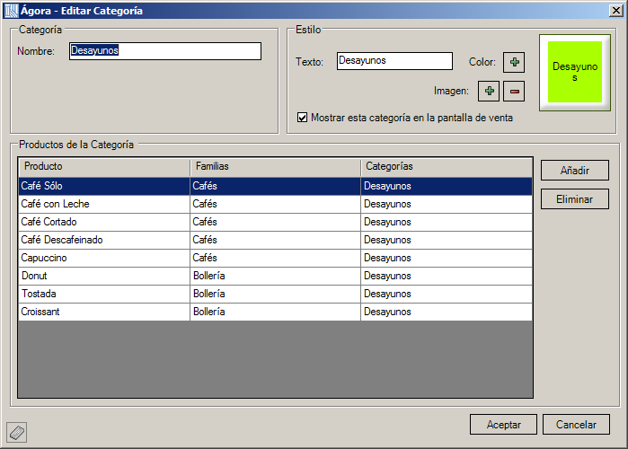 Utilizando los botones de la barra de herramientas podrá Crear, Copiar, Editar y Eliminar categorías.