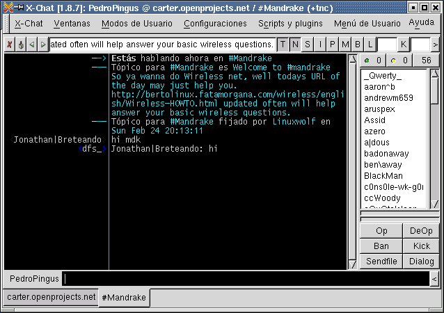 Capítulo 4. Mensajería instantánea e IRC Los canales dependen del servidor. Por lo tanto, el canal #linux en el servidor irc.algunservidor.net es diferente de aquel que sirve el servidor irc.