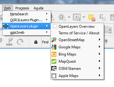 Imagen 10: Complemento de OpenLayers y variedad de mapas base que ofrece.