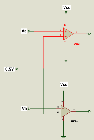 FIGURA 3. Primera etapa. Generación de Vcc y Va, Vb Los valores de Va, Vb, o,5 y del Vcc se usaron en la siguiente etapa (comparador) para su funcionamiento.