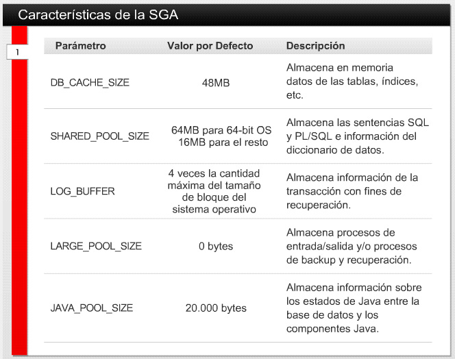 3.1 Dimensionado Dinámico de la Instancia 3.1.3 Características de la SGA Los componentes de la instancia La SGA y los procesos en segundo plano adquieren espacio en la memoria del servidor