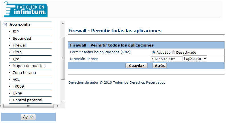 c) Posteriormente, seleccionar la opción Firewall y dar clic en la opción Permitir todas las aplicaciones. Figura 10. Configuración de Firewall en Modem.