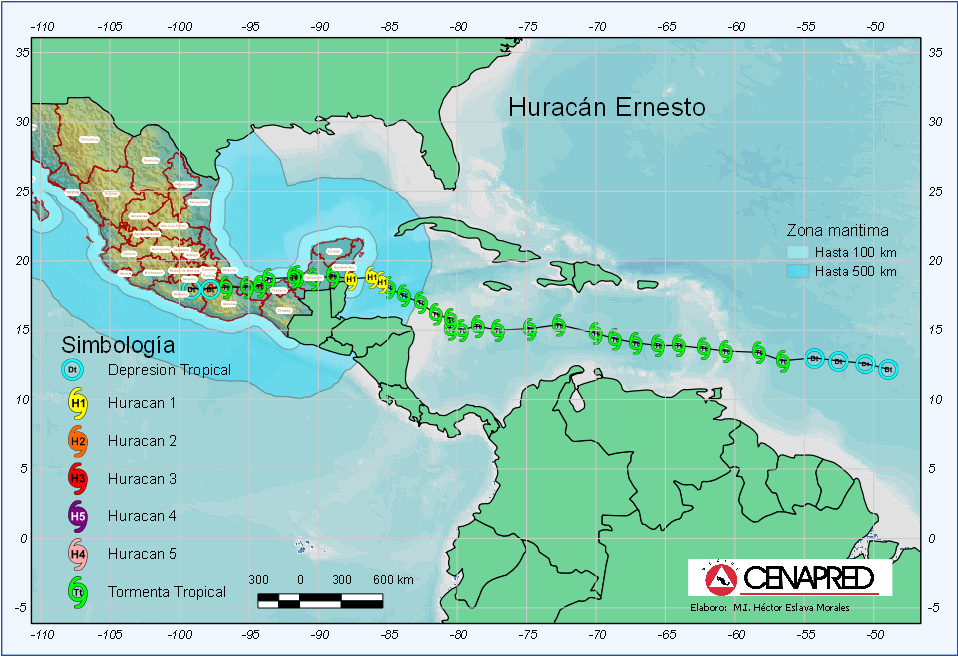 En su trayecto hacia el oeste sobre la Península de Yucatán, la tormenta tropical Ernesto siguió perdiendo fuerza, por lo que a las 13:00 horas del día 8, se ubicó en tierra, a 27 km al sureste de