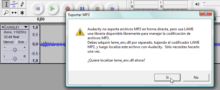 10. Una vez instalado el complemento Lame MP3 se podrán exportar archivos de audio con ese formato en Audacity.