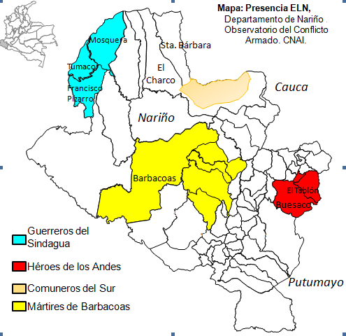 16 Mapa No. 6: presencia ELN en el Nariño, 2009 A diferencia de Cauca y Arauca en Nariño la disputa por las rutas del narcotráfico y los cultivos de uso ilícito son cada vez mayores.