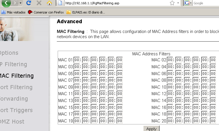 Opciones avanzadas para filtrado por IP, por MAC address, por puerto,