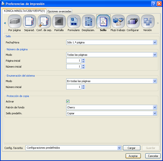 Imprimir en Windows 6 6.3.12 Sello La pestaña Sello permite seleccionar procesos de impresión que serán realizados una vez que el trabajo ya ha sido renderizado en la copiadora.