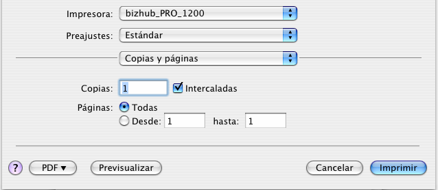 Imprimir en Mac OS X 7 controlador Windows para bizhub PRO 1200/1051 seleccione giro hacia la izquierda. 7.2 Imprimir Una vez que un documento ha sido creado en una aplicación puede ser impreso en la copiadora.
