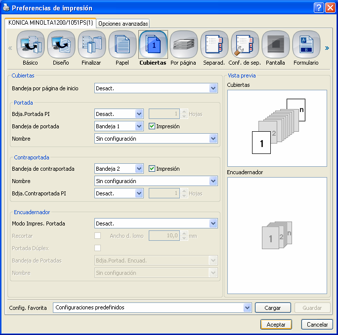 Imprimir en Windows 6 6.3.5 Cubiertas La pestaña cubiertas permite introducir cubiertas anterior y posterior (portada y contraportada).