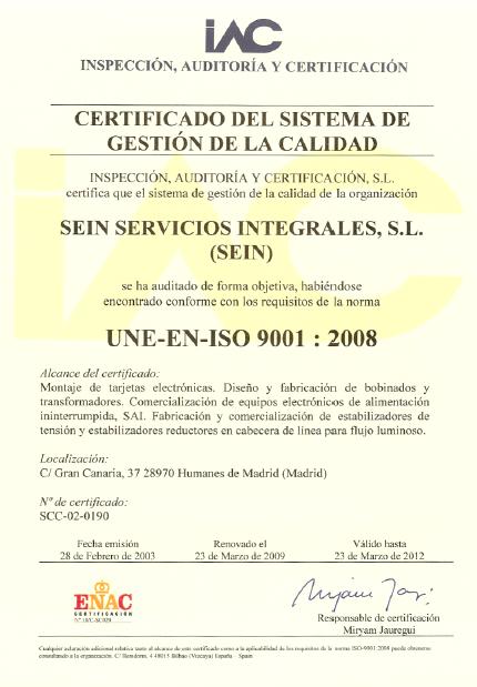 CALIDAD SEIN ENERGÍA dispone de la certificación ISO9001 para garantizar a sus clientes que todos los procesos implicados en la producción,