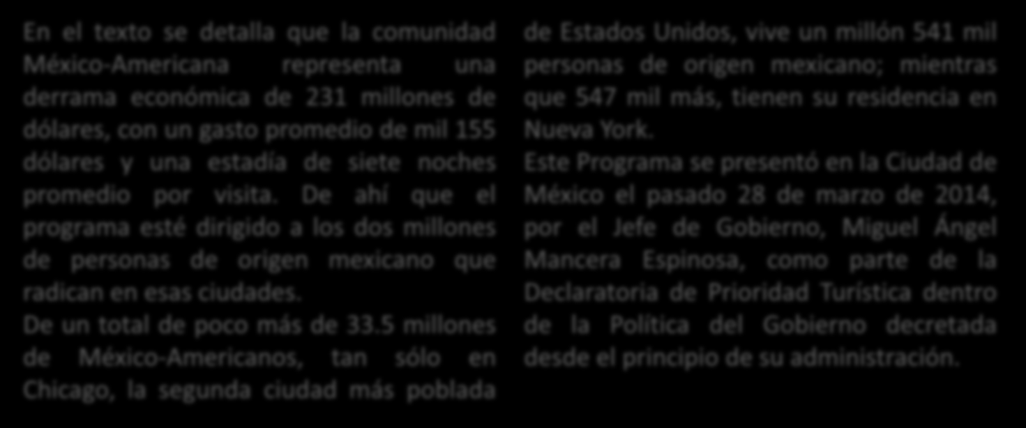 En el texto se detalla que la comunidad México-Americana representa una derrama económica de 231 millones de dólares, con un gasto promedio de mil 155 dólares y una estadía de siete noches promedio