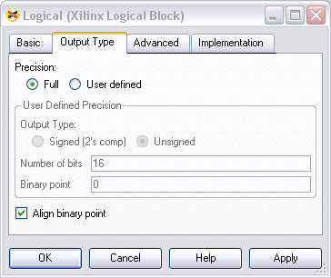 Un bloque Xilinx Logical configurado para realizar la función XOR (recordar que es asociativa) y emplear la máxima precisión a la salida.