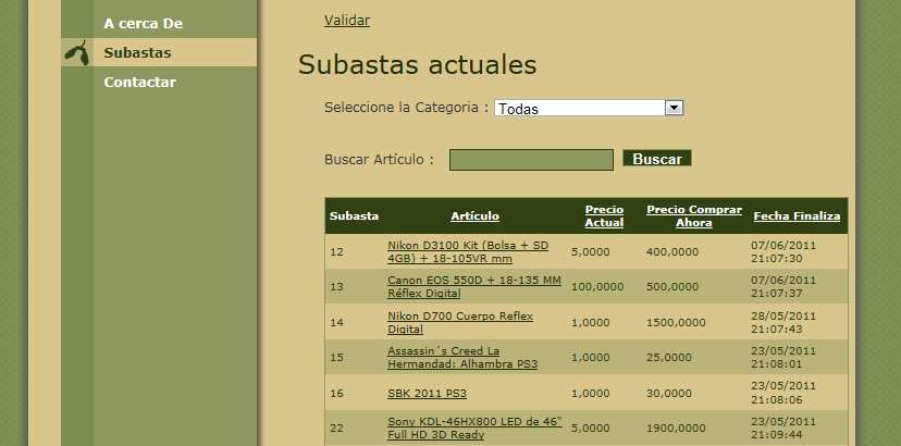 La página Subasta es la principal de la aplicación de subastas, desde esta página se puede acceder al detalle de los artículos y se puede validar en el sistema como usuario registrado.