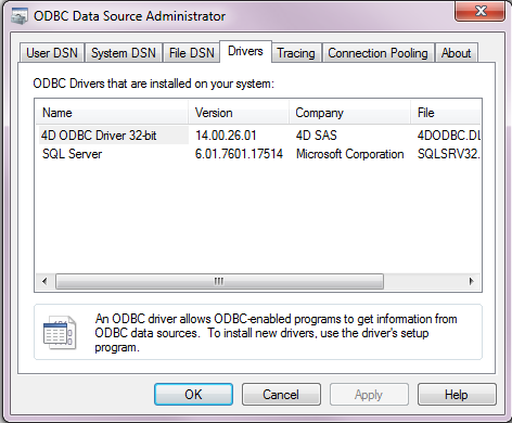 Installation on Windows 4D provides two versions (a 32-bit and a 64-bit) of the ODBC Driver installer for Windows.