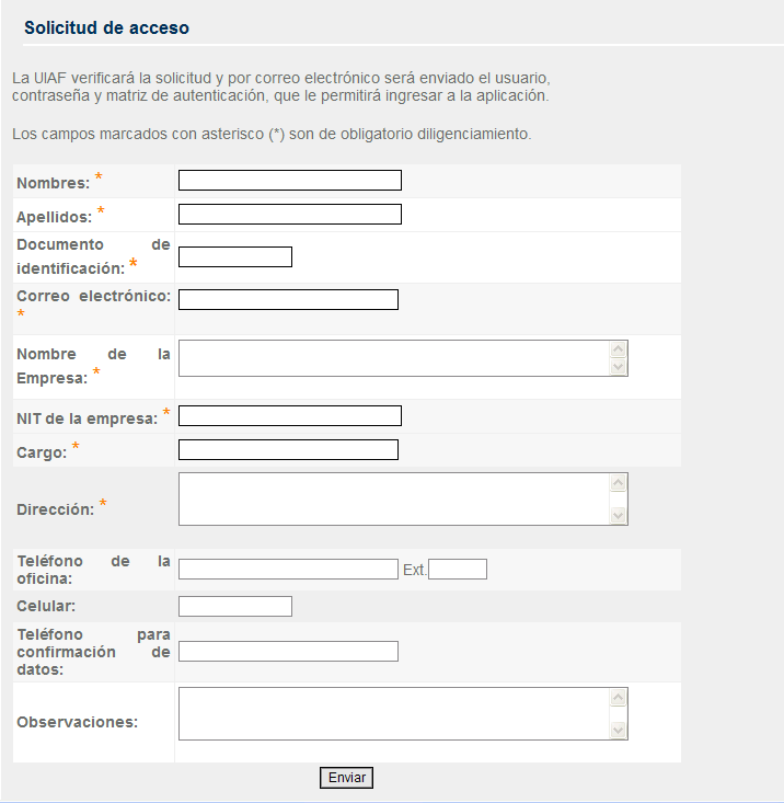 Fig. 2 Formulario de Solicitud de acceso. Una vez diligenciada toda la información requerida en el formulario, dar clic en el botón Enviar para terminar el proceso.