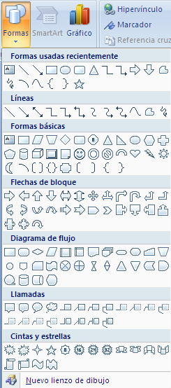 Manual de Microsoft Office Word 2007 disponibles se incluyen líneas, figuras geométricas básicas, flechas, formas de ecuación, formas para diagramas de flujo, estrellas, cintas y llamadas.