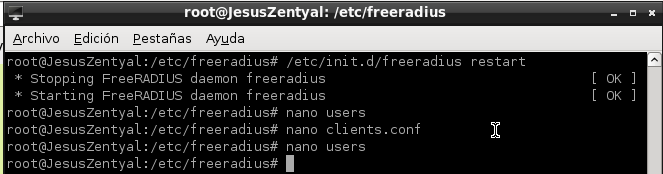 Ahora añadimos los usuarios, modificando el fichero /etc/freeradisu/usuers, los cuales utilizara el dispositivo radius para validarse en la red, en este caso el usuario vicente: Ahora reiniciamos el