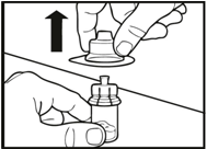 Paso 2: Acoplamiento del adaptador para el vial al vial con polvo Coja uno de los capuchones protectores que contienen los adaptadores para el vial. Sujete el capuchón firmemente.