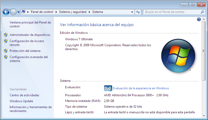 Cómo comprobar la versión de proceso de Windows Vista/7/ Server 2008 1 Haga clic en [Panel de control] en el menú [Iniciar]. 2 Abra [Sistema].