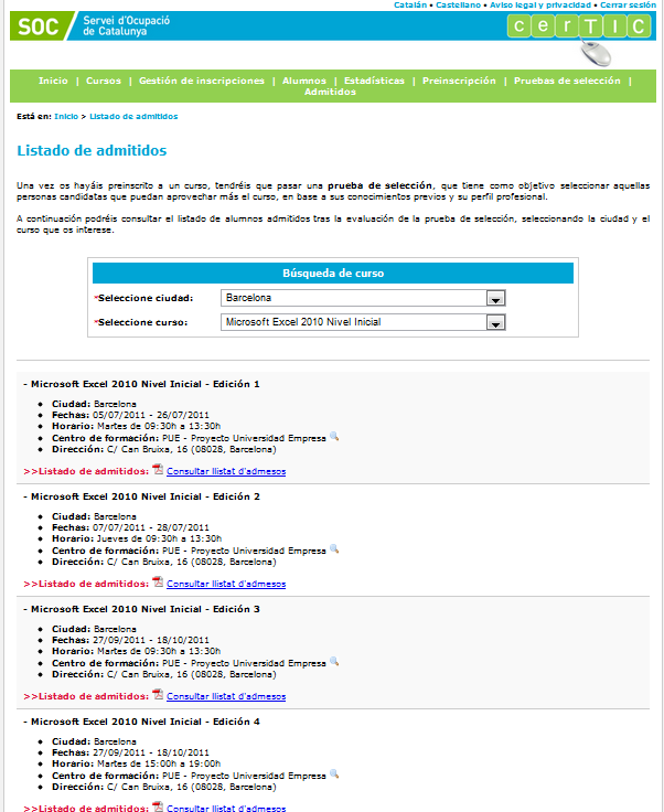 administrativo Portal web de gestión del candidato.