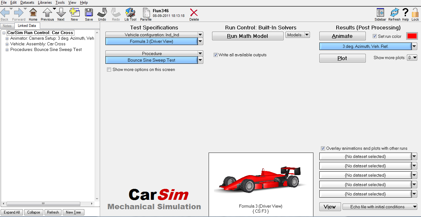 Figura 88. Pantalla principal CarSim De entre los modelos disponibles en el programa vamos a elegir el de un Fórmula 3, por ser conceptualmente el más similar al Car cross.