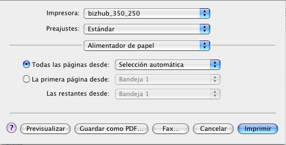 Configurar el controlador PPD (Mac OS X) 10 Alimentador de papel Puede especificar la bandeja de entrada para la impresión. 1 En el menú Archivo, seleccione Imprimir. 2 Seleccione Alimentador de pape.