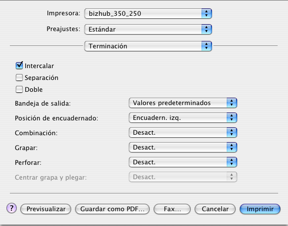 10 Configurar el controlador PPD (Mac OS X) 2 Nota Si están instaladas las opciones de unidad de acabado y de grapado en lomo, y se selecciona Folleto, también podrá seleccionar Centrar grapa y