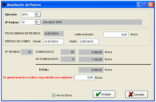 Pinchando en el botón de VER RECIBO, se muestra con más detalle los datos del recibo. 11.5. AMPLIACIÓN DE PADRÓN.