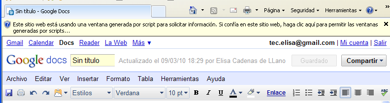 Dentro de la ventana del navegador, en la parte superior izquierda, nos aparece el título del documento (el nombre con el que se guardará), la fecha de su última modificación y el nombre