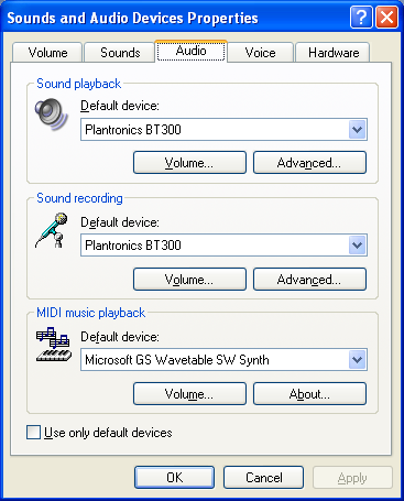 Configuración de audio de la PC para Windows XP (Para llegar a esta pantalla: Inicio > Panel de control> Dispositivos de sonido y audio) Configuración predeterminada: Todos los sonidos y el audio de