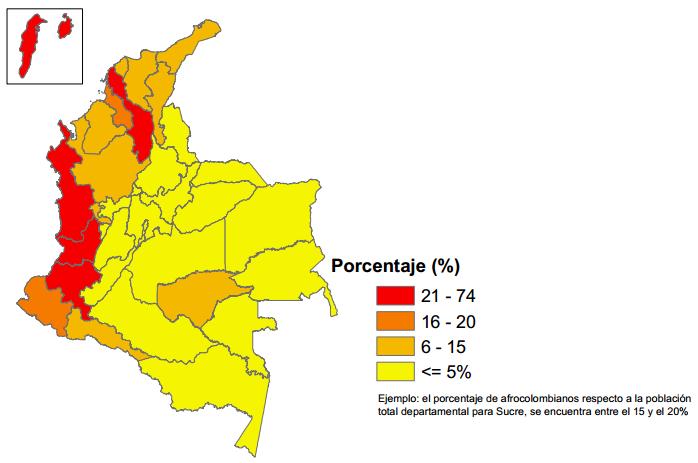 Mapa 3 Participación de afrocolombianos, respecto a la población total departamental Fuente: DANE, Censo General 2005, Marco Geoestadístico Nacional 2004.