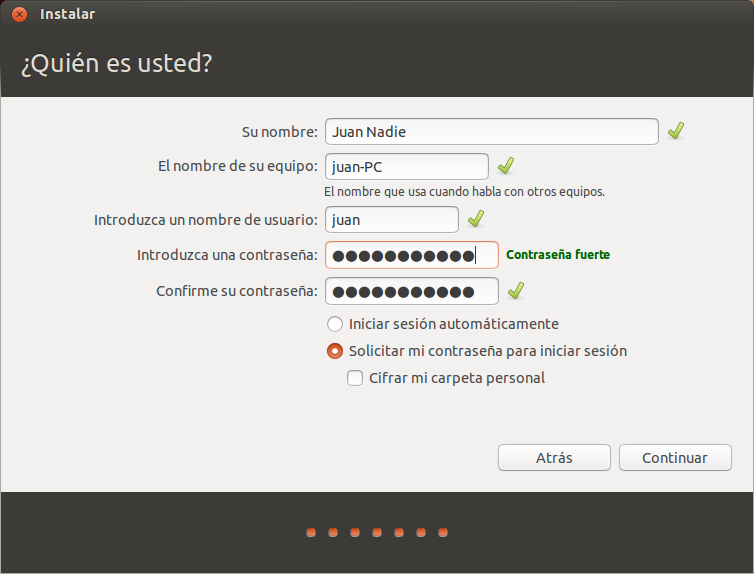 su contraseña cómo quiere iniciar sesión en Ubuntu Figura 1.7: Configuración de su cuenta de usuario. Introduzca su nombre en Su nombre.