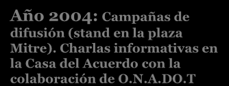 Año 2000: -Trabajo conjunto y charlas informativas O.N.A.DO.T (Organización Nicoleña de apoyo a la donación y transplante de órganos y tejidos) y el Sr. Miguel Pereyra.