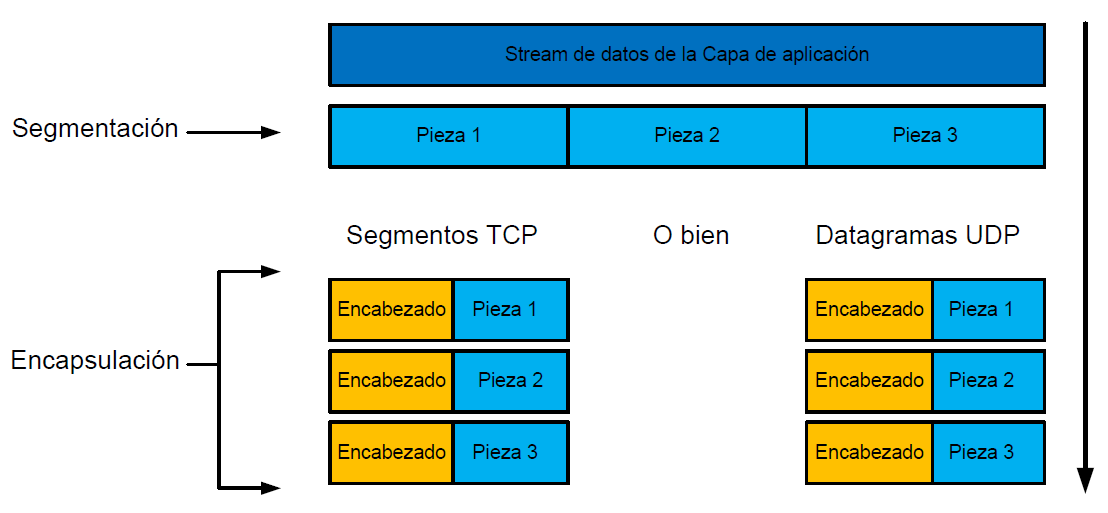 transporte se llama segmento en el caso de usar el protocolo TCP, y datagrama en caso de utilizar en protocolo UDP. En la figura 2.1.2.2.1 se pueden observar los procesos de de segmentación y encapsulación.