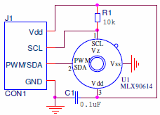 Este sensor permite dos tipos de conexionado con el MCU: 1. Modo de operación de salida PWM. Es un modo muy sencillo como se observa en la figura 8.14.5.