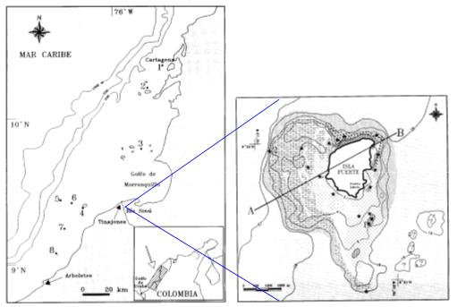 FIGURA 1. Mapa de Isla Fuerte, Bolivar, Colombia. Tomado y adaptado de Díaz et al., 1996.