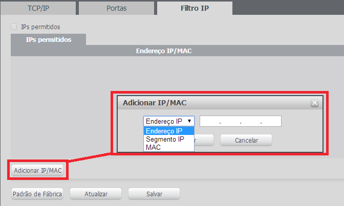 Filtro IP A câmera possibilita a criação de uma lista de IPs e MACs de modo a limitar o acesso à mesma por dispositivos selecionados. Filtro de IP Obs.