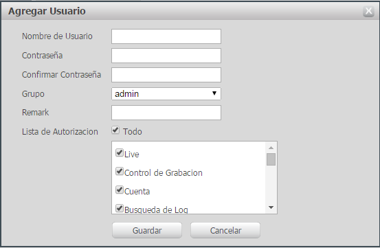 Para crear un nuevo usuario, clic en el botón Adicionar Usuario. Será mostrada una pantalla conforme la imagen abajo. Adicionar usuario En esta pantalla son definidos el nombre, contraseña y grupo.