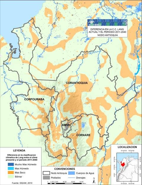 Diferencia de la clasificación climática Lang Nodo Antioquia Porcentaje del área por autoridad ambiental con