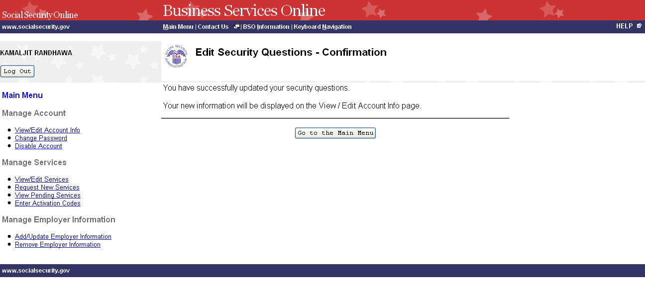 identidad en caso de que olvide su contraseña. El sistema mostrará la página «Edit Security Questions» (Edite la preguntas de seguridad).