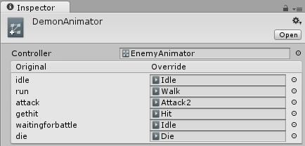 OverrideAnimator OverrideAnimator en Inspector Gracias a este componente la creación de enemigos con distintos modelos 3D y nuevas animaciones se convierte en una tarea casi trivial, ya que podemos