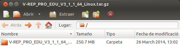 4 INSTALACIÓN DE V-REP Arakyd Software 4.4. Intalación en Ubuntu 12.04 LTS x64/x32 4.4.1. Instalación gráfica 1.- Una vez que hemos descargado el correspondiente archivo.
