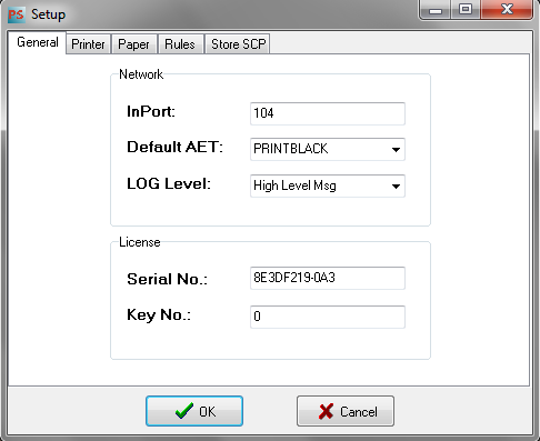 Pestaña General: El proceso de instalación es muy simple y es muy fácil de utilizar y configurar. InPort: es el puerto TCP/IP para el servidor PrintSCP.