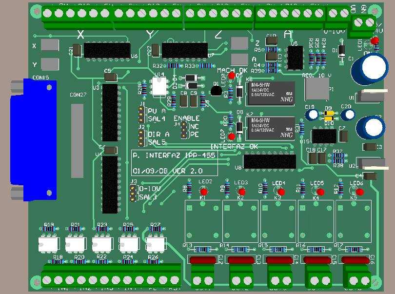 Placa Interfaz IPP-455 Características Especiales: Esta placa está diseñada para la amplificación de las señales de la salida del puerto paralelo (LPT) de una PC, de forma tal que se pueda controlar