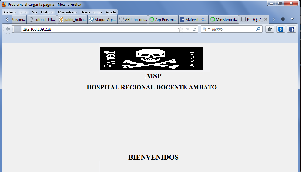 Figura Nº 6.29 Página web original Autor: Fernanda Conterón Al iniciar la sesión de la página web, esta está alterada, se ha cambiado la imagen del Ministerio de Salud Publica por una imagen hacker.