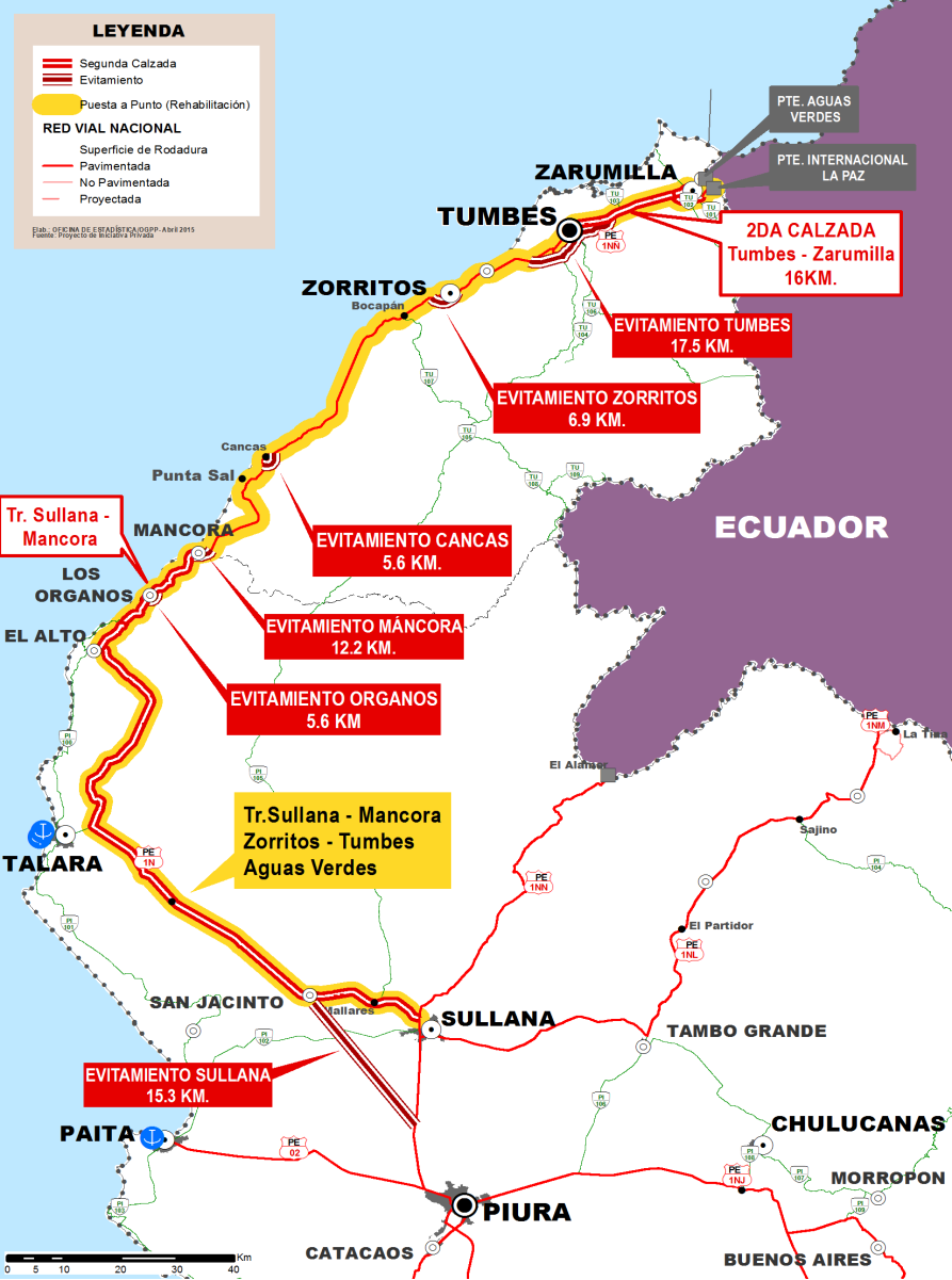 Carretera Longitudinal de la Costa Concesión Sullana Frontera con Ecuador Comprende la siguiente infraestructura vial: 6 vías de evitamiento (Sullana, Los Órganos, Máncora, Cancas, Zorritos y Tumbes)